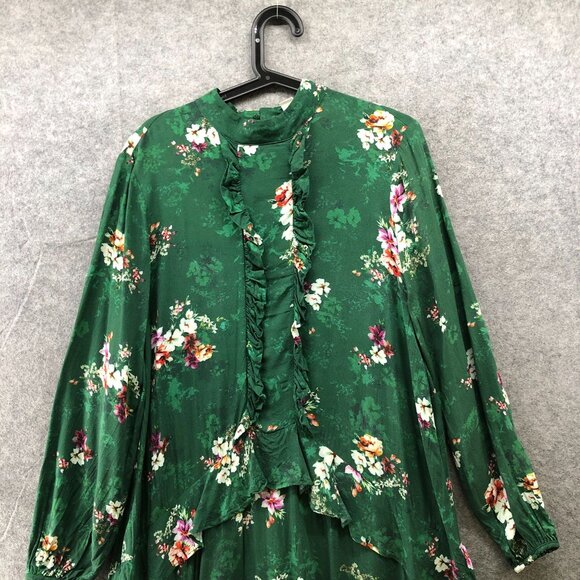 H&M Long Sleeve Ruffle Midi Dress 12 Green Floral High Neck Boho Cottagecore - Picture 3 of 9